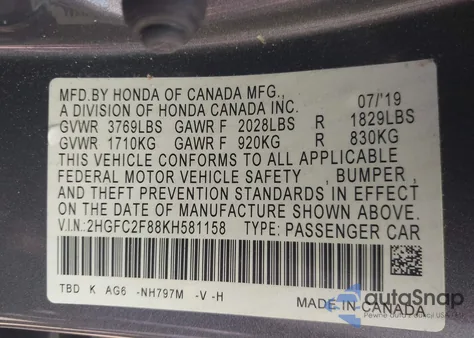 2019 Honda Civic Sport из США, поврежденный, VIN 2HGFC2F88KH581158